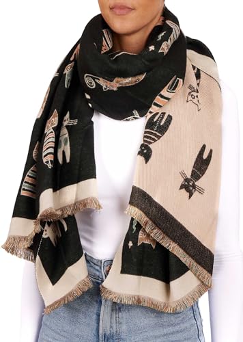 BRUBAKER Cashmirillo Bufanda de Mujer con Estampado de Gatos - 70 x 200 cm - Cálida y Acogedora - Bufanda de Lana para Otoño e Invierno - Tacto Suave de Cachemira - Negro y Beis