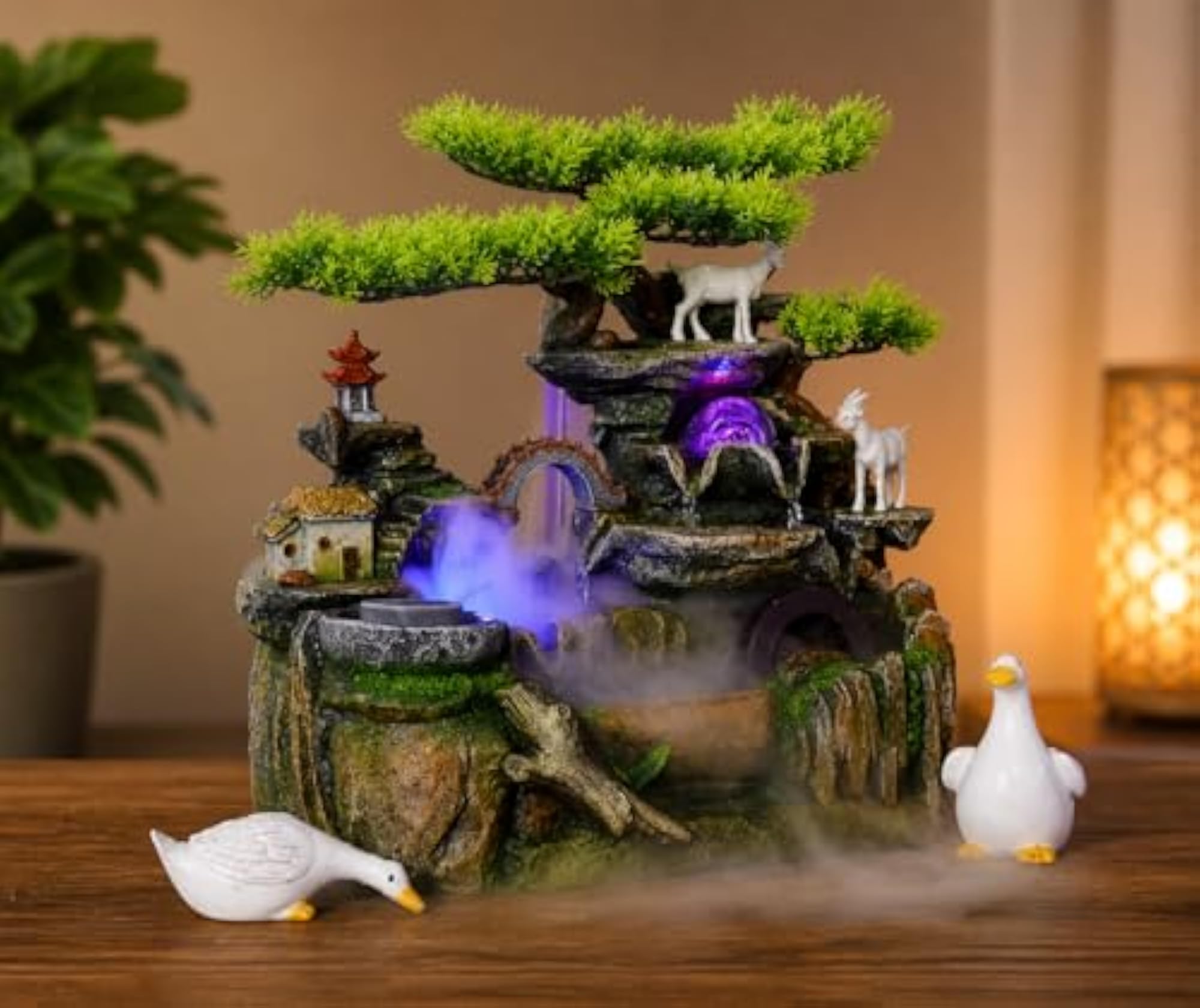 LED Mist Table Top Water with Goats, Ducks, Rotating Crystal Ball