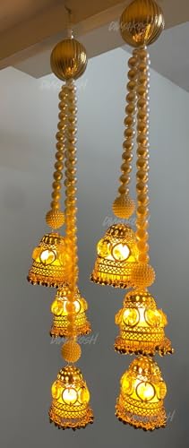 Image of Divyakosh Wall Hangings For Home Decoration, Set Of 2 Diwali Lights, Handmade Diwali Decoration Wall Hangings, Door Valance Hanging With LED T-Lights For Wedding Decor,Beads,Gold, 12 Inches