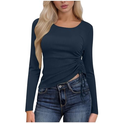 Women's Long Sleeve Ribbed Knit Shirts Spring Ruched Side Casual Basic Going Out Crop Tops Slim Fit Tight Y2K Clothes Navy