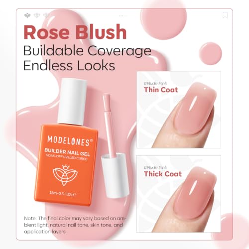 Image of modelones Builder Nail Gel, Rose Pink Builder for Nails, Translucent Netural Pink Color Rubber Base Gel Polish for Apex Building, Short Extension, Natural Overlay, Self-Leveling Beginner U V /LED Cured