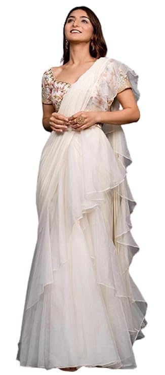 Ready To Wear Lehenga Saree & Belt Set For Women Bollywood Style Apple Organza Silk Fabric On Fully Stitched Blouse White Colour Ready To Wear Lehenga Saree & Belt Set For Women Bollywood Style Apple Organza Silk Fabric On Fully Stitched Blouse White Colour