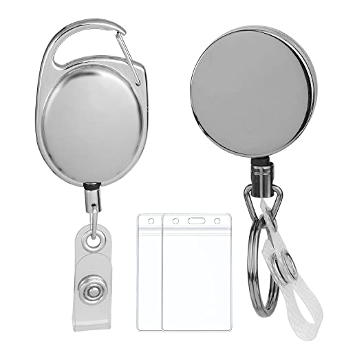 2 Pack Heavy Duty Retractable Badge Holder Reel Metal Tactical ID Badge Holder Key Chain with Carabiner Belt Clip Key Ring for Name Card Keychain All Metal Casing with Reinforced Id Strap