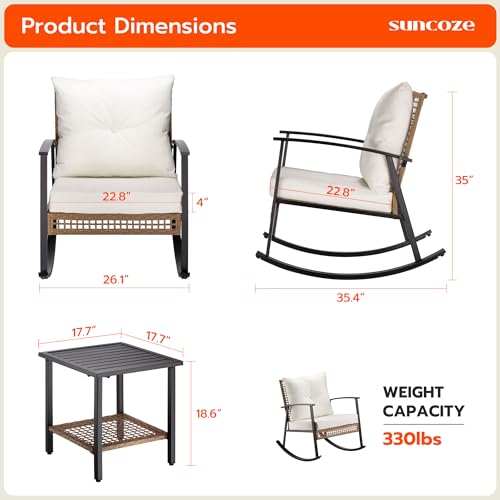 SUNCOZE 3 Piece Patio Furniture Set, Outdoor Rocking Chairs Set of 2 with Coffee Table, Patio Bistro Set Patio Rocking Chair Oversize Rattan Conversation Sets for Garden, Balcony, Backyard