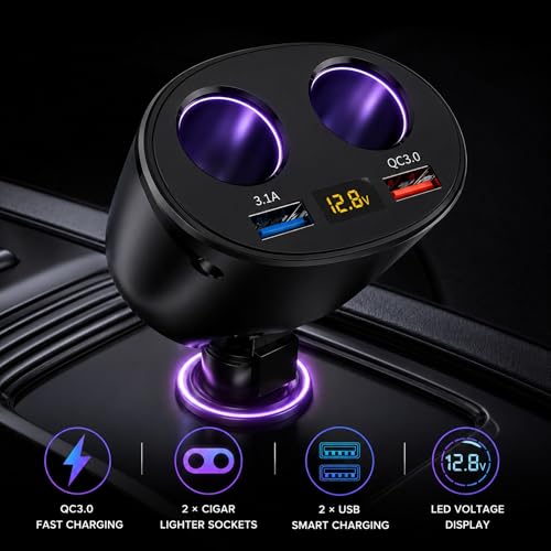 Image of SARTE 120W Car Charger Adapter with Dual Cigarette Lighter Socket & Dual USB Fast Charging, LED Voltage Display, 12V /24V Car Power Splitter for Car, SUV, Truck, Bus, Mobile, GPS & Dash Cam (Black)