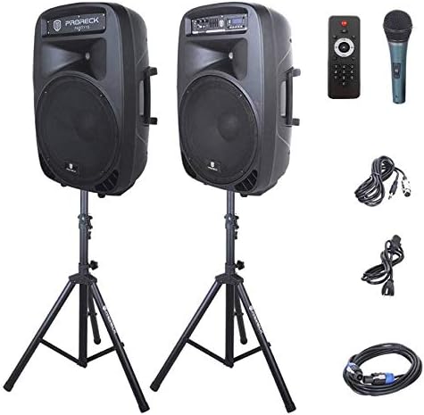 PRORECK Party 15 Portable 15-Inch 2000 Watt 2-Way Powered PA Speaker System Combo Set with Bluetooth/USB/SD Card Reader/FM Radio/Remote Control/LED Light