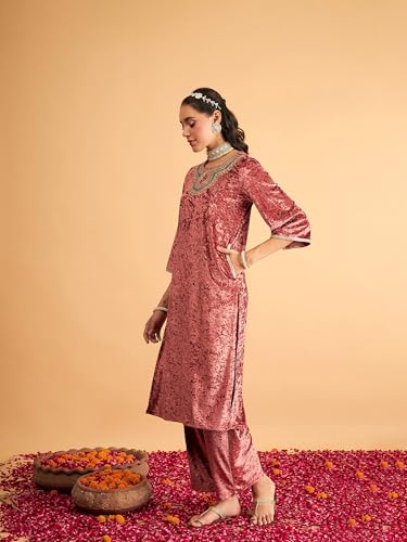 Image of Women's Velvet Floral Embroidered Straight Kurta | Round Neck Three-Quarter Sleeve Calf Length Kurti with Thread Work