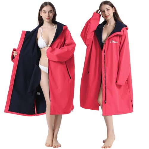 Oksun Oversized Waterproof Swim Parka: Windproof Warm Swimming Coat - Water Resistant Jacket - Thin Fleece Lined Surf Poncho (L-XL, Pink)