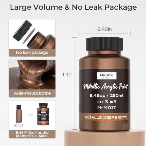 Image of Nicpro Metallic Deep Brown Acrylic Paint, 8.45oz /250ml Craft Paint | Large Non Toxic, Non Fading Art Paint for Wood, Metal, Clay, Fabric, Canvas, Ceramic, Furniture, Handcrafts