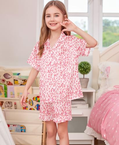 SWOMOG Girls Pajamas Silk Satin Pajama Set Short Sleeve Button Down Sleepwear Soft Cute PJs with Ruffle Shorts Loungewear2