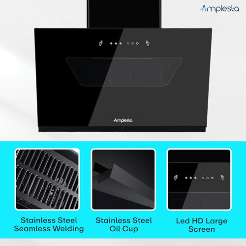 Image of Amplesta CycloneX 90CM Chimney for Kitchen Auto Cleaning 1600 m3 hr LED Touch Copper Motor Wall Mounted Kitchen Chimney for Home Filterless Two Way Suction Touch & Gesture Control (CycloneX-90-FL-HAC)