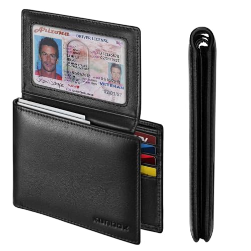 RUNBOX Leather Wallet for Men, Genuine Leather Mens Wallet Bifold Rfid Blocking with 12 Cards and 2 ID Windows, Minimalist Wallet for Men with Gift Box