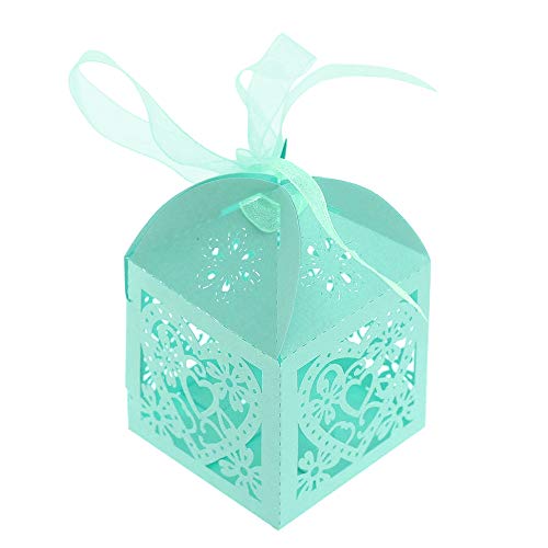 Lucky Monet 25/50/100Pcs Love Heart Laser Cut Wedding Candy Gift Box Chocolate Box For Wedding Favor Birthday Party Bridal Shower With Ribbon (100Pcs, Tiffany Blue) #TOP3