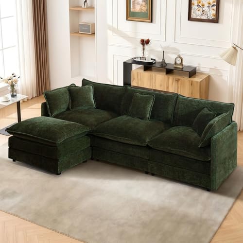 SoarTalent 111.5” Modular Sectional Sofa L-Shaped Convertible Couches, 3 Seater Chenille Deep Seat Cloud Couch with Pillows and 1 Ottoman for Living Room, Apartment, Office(Green)