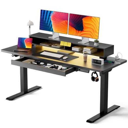 Image of GTPLAYER Electric Standing Desk with Drawers, 55 x 24 Inch Height Adjustable Gaming Desk with Monitor Stand, Power Outlets & LED Lights, Home Office Sit Stand Up Desk with Memory Preset (Black)