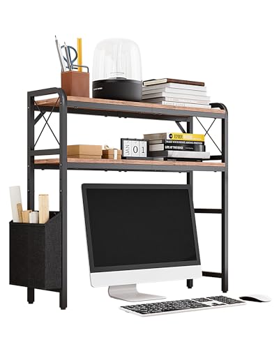 VERSASKY Desktop Shelves, Monitor Stand with Adjustable Shelves and Side Pockets, 2-Tier Desktop Bookshelf Organizer, Large Capacity Display Shelf Rack, Desk Hutch for Home Office, Rustic Brown