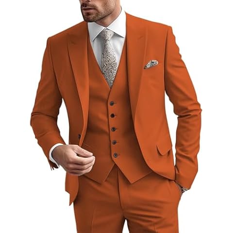 SHUZHXLZANGY 3 Piece Suit for Men Regular Fit Suit Wedding Suits Groom Suit Men Suits Slim Fit Suit Prom Dinner Party Suits for Men Orange Cover