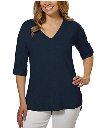 Nautica Ladies' V-Neck Top With Roll Tab Tee (Small, Navy) #TOP21