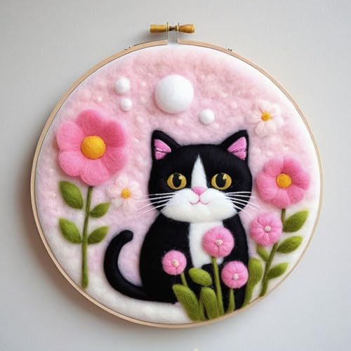 Needle Felting Kits Beginners, Cat Pattern DIY Wool Needle Felting Starter Kit, Easy Needle Felt Set with Picture Frame, Foam Pad, Felt Cloth and Instructions for Home Decoration (black and white cat)