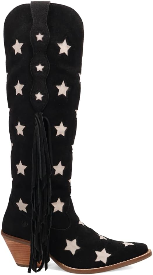 Dingo Womens Super Star Fringe Tooled Inlay Snip Toe Casual Boots Over the Knee Mid Heel 2-3" - Purple