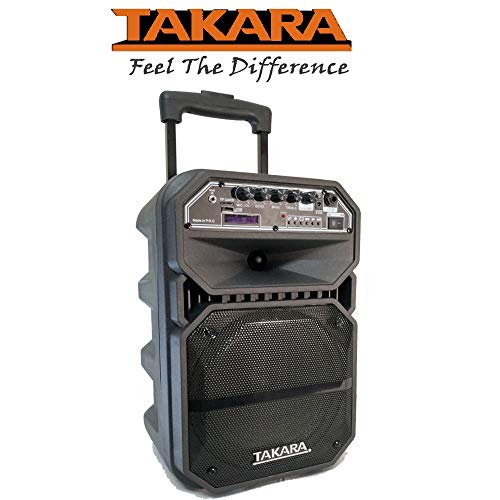 Image of Takara Karaoke Speaker TAKARA T-4008 Portable 8 Inch Trolley Speaker Multimedia Bluetooth; Karaoke with Audio Recording; USB; Rechargeable Battery PA System with 2 Wireless Mic Outdoor Trolly Speakers