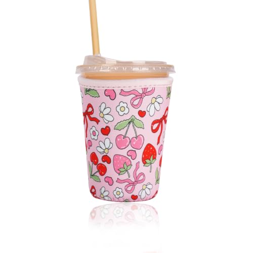 Image of Reusable Insulated Sleeve for Iced Coffee Cup, Coffee Neoprene Sleeve for Cold & Hot Drinks, Beverage Holder for Iced Coffee (Cherry Ribbons, Small: 16-18oz)