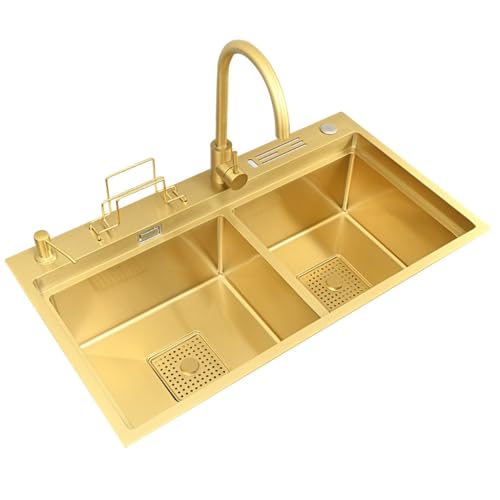 JOMRTS Single Bowl Gold Stainless Steel Double Bowl Sink Multifunctional Large Size Sink Hotel Commercial Sink Kitchen Household Dishwashing Basin (Gold 82 * 46 * 24cm)