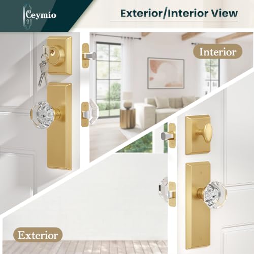 Image of Crystal Passage Knobs with Single Cylinder Deadbolt Lock, Brushed Gold