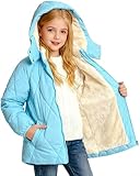 Funnycokid Girls Winter Coat for Size 9-10 Years Kids Warm Hooded Puffer Jacket Sherpa Fleece Lined Blue Outwear Windproof Waterproof Parka