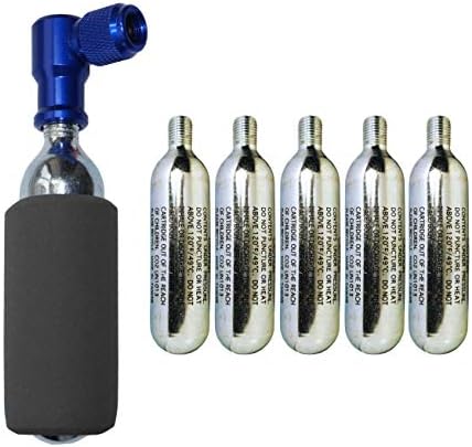 KRONYO CO2 Inflator with 5 x CO2 Cartridges - IN & OUT - Presta & Schrader Valve Compatible - Car Bike Bicycle Motorcycle Scooter, Tyre Pump For Road & Mountain Bikes - Insulated Sleeve