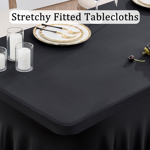 Image of Black Spandex Tablecloth for 6 Foot Rectangle Tables, 3 Pack Fitted Table Cloths 6ft Stretchy Table Clothes Cover Desk Skirt for Parties Weddings Birthday Graduation Banquet