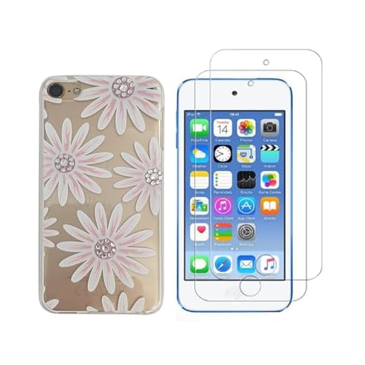 NOVAGO Compatible avec iPod Touch 7, Touch 6, Touch 5- Coque Gel Imprimée Solide Résistante +2 Films Protection écran en Verre Trempé Résistant (Fleur Strass)