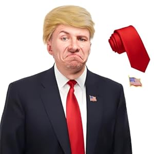 Trump-Perücke für Halloween, lustiges Kostüm, Präsident Donald mit roter Krawatte und Flaggenbrosche für Erwachsene, blonde Promi-Party-Perücke für Männer und Frauen (Perücke + Corbat)
