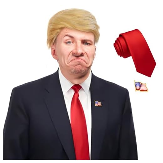 Trump-Perücke für Halloween, lustiges Kostüm, Präsident Donald mit roter Krawatte und Flaggenbrosche für Erwachsene, blonde Promi-Party-Perücke für Männer und Frauen (Perücke + Corbat)