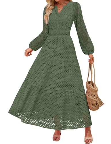 ZESICA Women's 2026 Spring Long Sleeve Maxi Dress V Neck Hollow Out Eyelet A Line Long Flowy Casual Party Dresses Olive Medium