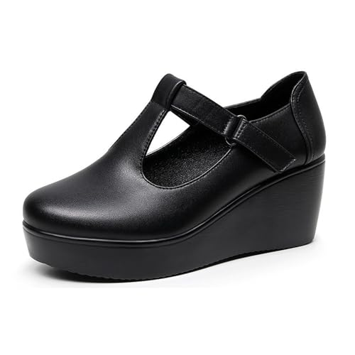 Women's Genuine Leather T-Strappy Hollow Platform Wedge Pumps Retro Adjustable Hook and Loop Round Toe Soft Sole Comfortable Mom Mary Jane Shoes for Walking Commuting Daily