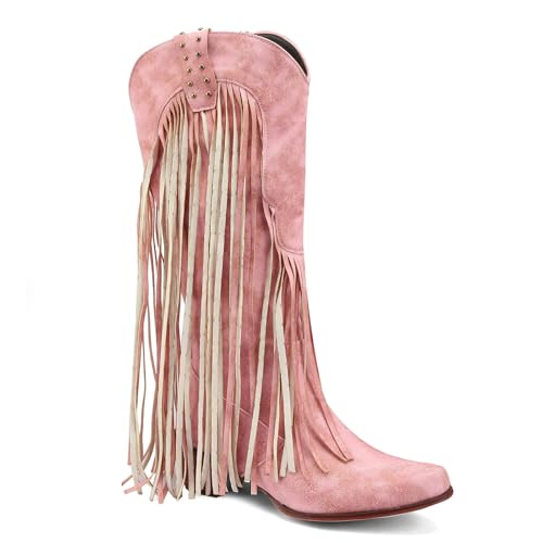Image of KiutSymo Mid Calf Fringe Boots For Women Cowboy Pointed Toe Chunky Heels Cowgirl Western Tassel Boots