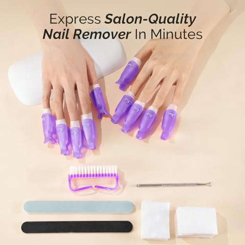 Image of MelodySusie 6PCS Nail Polish Gel Remover Tools Kit with Nail Clips | 10pcs Purple Fingers Clips, 100pcs Lint-Free Wipes, Files 100 /180, Buffer Block 400 /4000, Brush, Cuticle Pusher