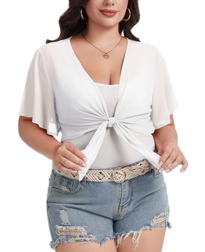 Image of Women Crop Cardigan Sheer Mesh Bolero Shrugs for Dresses Plus Size Tie Front Cardigans Ruffled Short Sleeve Tops