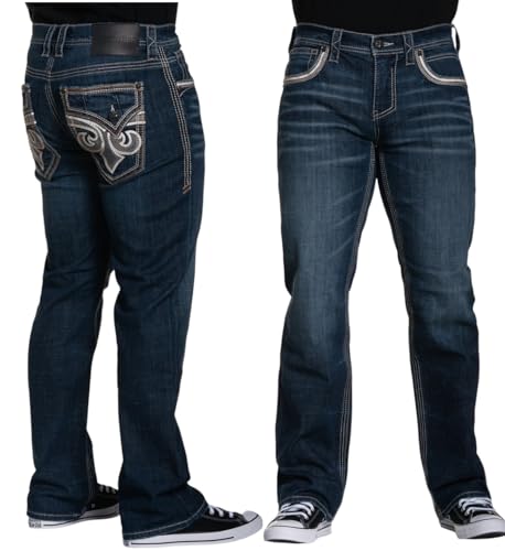 Affliction Men's Dark Wash Denim Jeans with Decorative Back Pockets, Straight Leg, Classic Fit