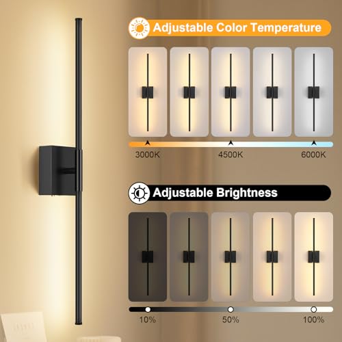 Image of Battery Operated Wall Sconce Set of Two with Remote Control, 3000K-6000K Dimmable Black Wall Lights, Timable LED Wireless Wall Sconces, 350 Ratate for Bathroom, Living Room, Hallway 29.1 Inch