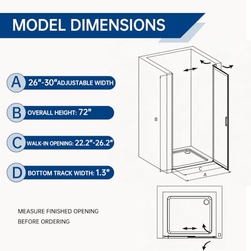 Image of 26-30 inch W x 72 inch H Pivot Shower Door, 3 /16 inch(5mm) Glass, Matte Black
