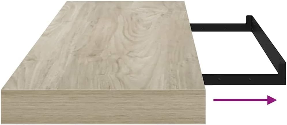 Illustration of a vidaXL floating shelf being slid onto its hidden wall mounting bracket, with an arrow indicating the direction of insertion.