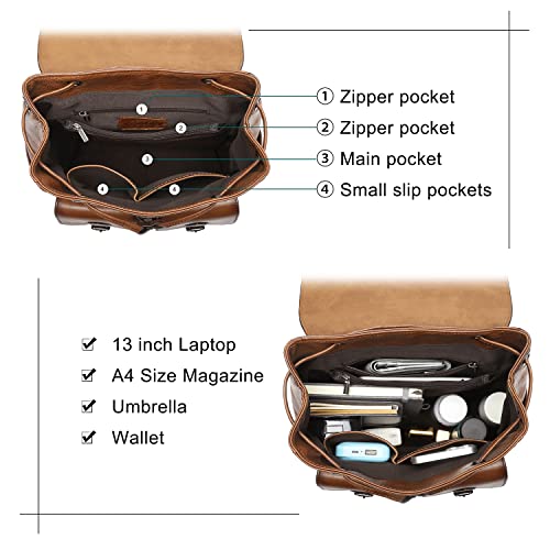 Image of COOLCY Women Vintage Genuine Leather Backpack Purse Fashion Rucksack Practical and Stylish Retro Daypack Bag (Brown)