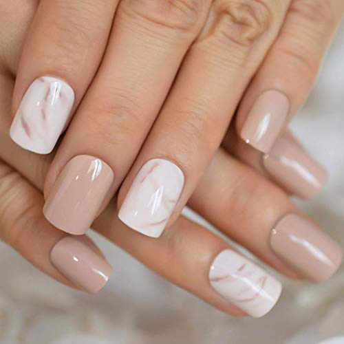 Gemily Square Glossy Press Nails Marble Short Fake Nails Full Cover False Nails Acrylic Nail Tips for Women and Girls 24PCS