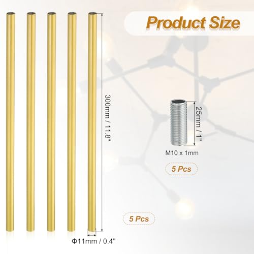 Image of PATIKIL Threaded Extension Rod, 5 Sets 11.8 inch M10 x 1mm Fine Thread Lamp Pipe with Lamp Pipe Nipples for Pendant Light Island Lighting Chandeliers Stems, Gold Tone
