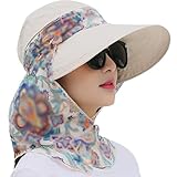 2 in 1 Foldable Sun Hat with Neck Flap Beach Fishing Hat Large Brim UV Protection Hat Gardening Walking Hat for Women Girls Beige