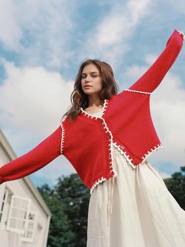 Image of YKR Chunky Knit Cardigan for Women Open Front Contrast Trim Sweaters Button Down Long Sleeve V-Neck Outerwear Coats