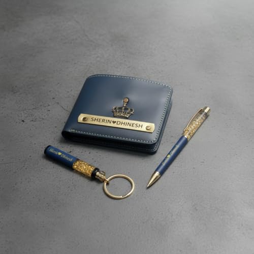 Image of Teak Wood Customized Leather Wallet Pen Keychain Gift Set for Men with Name, Personalized Brown Purse Combo, Stylish Gift for Husband, Boyfriend - Mens Wallets, Wallets for Man, Men Wallet (Blue)
