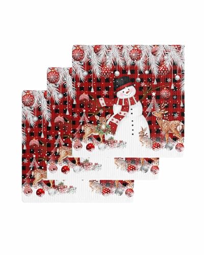 Hokiten Red Christmas Plaid Waffle Kitchen Towels Dishcloths, Snowman Elk Balls Snowflake Xmas Absorbent Dish Towels | Hand Towels for Bathroom/Bar, 12 x 12 Inch, 3 Pcs